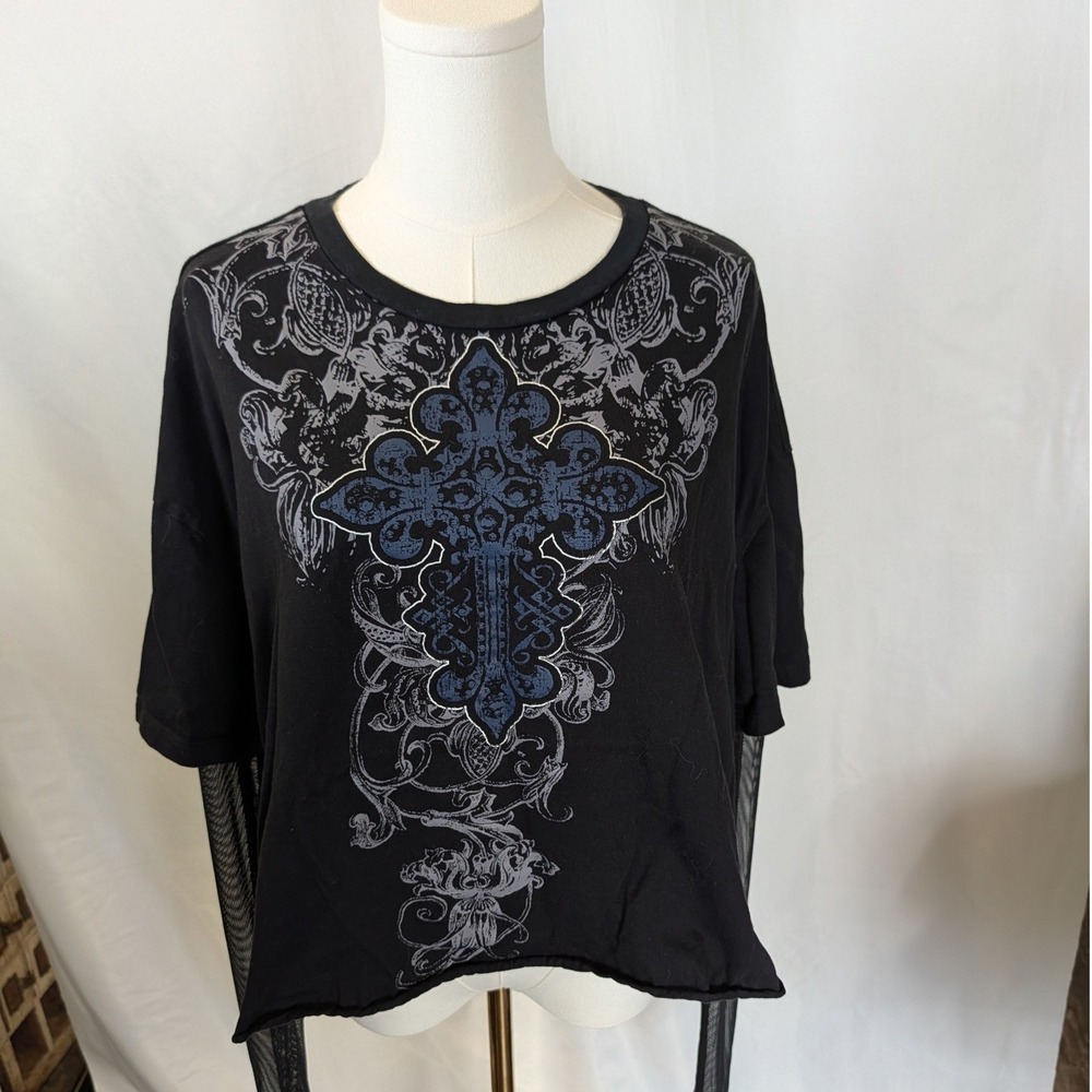 Social Collision Black Gothic Cross Graphic Tee Mesh Sleeve Extensions Size 3